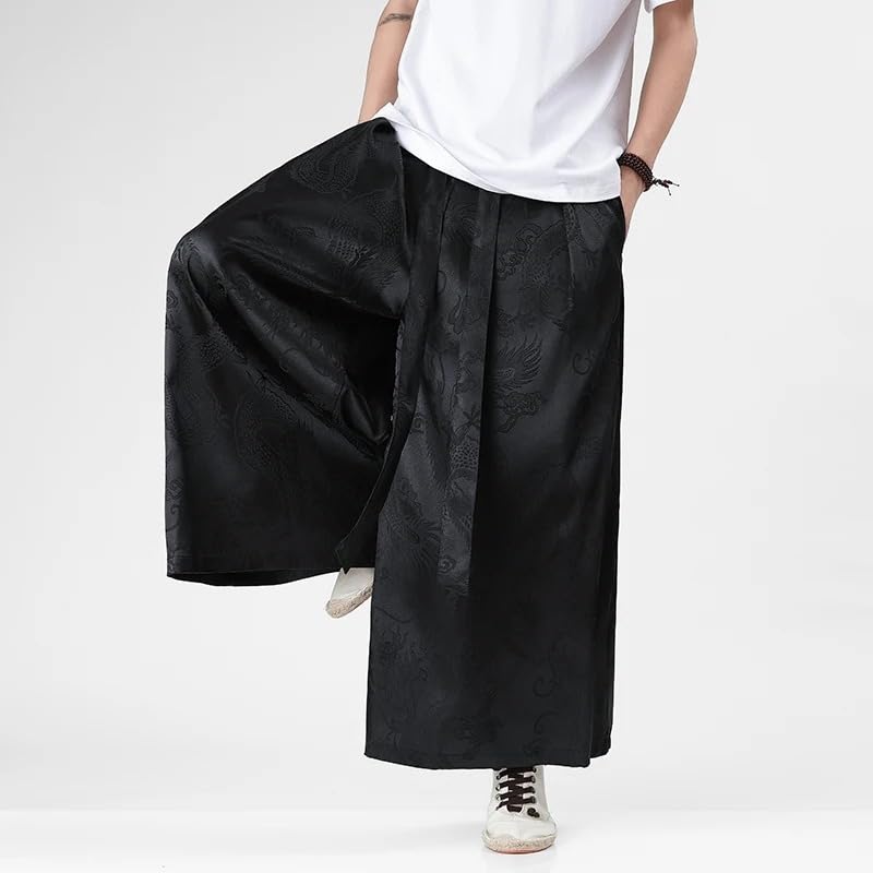 Men Ice Silk Wide Leg Pants Solid Color Loose Joggers Elastic Waist Trousers Mens Vintage Casual Long Pants3