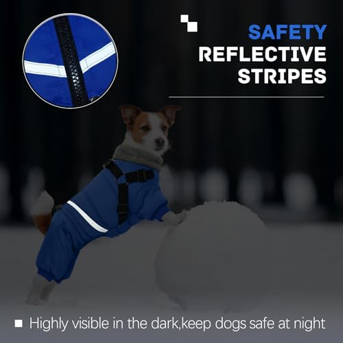 Image of BRKURLEG Blue Dog Winter Coat, Cozy Winter Dog Jackets, Small Dogs Coat with Harness, Onesie Body Warm Puppy Christmas Jacket, Pet Reflective Cold Weather Jackets, Puppy Four-Legged Puffer Coats,L