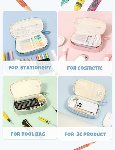 Image of SUNEE Cute Pencil Case, Large Pencil Pouch, Aesthetic Big Pencil Bag with Zipper, Kawaii Stationery Storage and Organizer, School Supplies for Teen and Adult, Boys&Girls, Soft Corduroy Grey Blue
