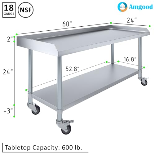 Image of AmGood Stainless Steel Equipment Stand with Undershelf + Casters, Heavy Duty, Commercial Grade, NSF (24 inch Width x 60 inch Length + Casters)