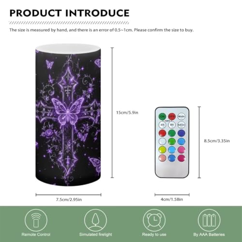 Image of Poceacles Flameless Candle Battery Powered with Remote Control 12 Colors 4 /8 Hours Timer LED Night Lights Pillar Candle Tealights Home Indoor Decor, Cross Butterfly Floral Violet