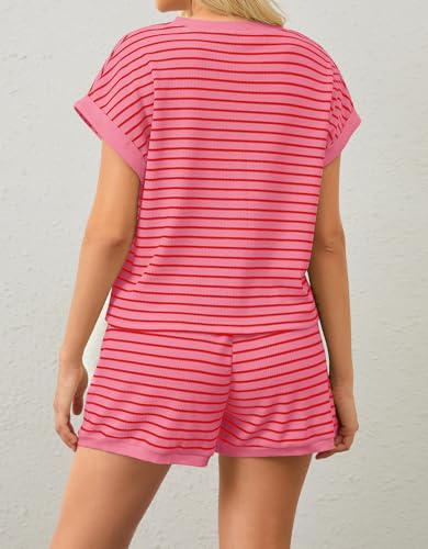 Image of MISSACTIVER 2 Piece Lounge Set Women Stripe Knit Short Sleeve Tee Shirts Shorts Casual Summer Loungewear Shorts Sets