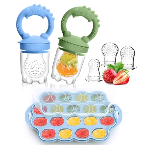 Image of Silicone Baby Fruit Feeder & Breastmilk Popsicle Molds Freezer Tray with Lid, 2 Pack Baby Food Feeder to Teething Relief, Introduce New Foods, Self Feeding, Includes 6 Food Pacifiers (Blue+Green)