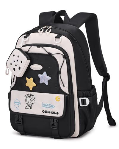 Tanou Mochila Colegio Niña, Mochila Escolar Adolescente Chica de 9 a 16 Años, Mochilas Estudiantil Informal para Instituto con Insignias y Monedero, Negro