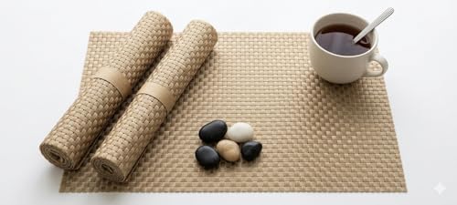 Image of Dribble Premium Anti UV-Mesh Woven PVC Table Placemats Set of 6 - Non-Slip, Heat Resistant, Washable Dining Table Mats for Kitchen, Dining & Office - 45cm X 30cm Durable Textured Design (Golden)