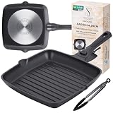 Stone&Stone Sartén Grill Inducción 28 cm Antiadherente, sin PFAS PTFE PFOA, GREBLON Q-LINE CK 3000, Base Integral de Acero, Mango Extraíble, Apta para Gas y Horno hasta 230 °C, Pinzas Incluidas