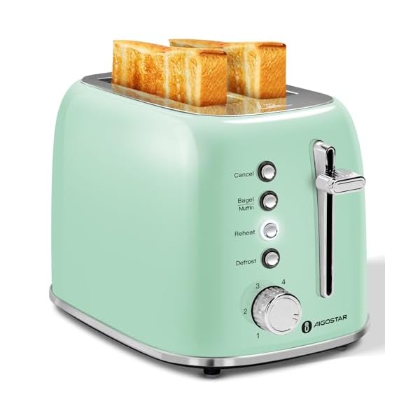 Aigostar Toaster 2 Slice Retro Toaster Stainless Steel, 1.6 inch Extra Wide Slots Bread Toaster Bagel, Cancel, Defrost Function, 6 Shade Settings & Removable Crumb Tray for Bread Waffle, Aqua Green