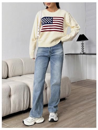 Image of SweatyRocks Women's Flag Pattern Long Sleeve Round Neck Sweater Casual Loose Pullover Sweater