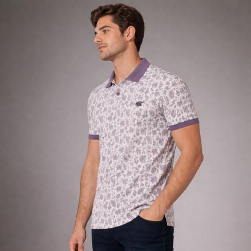 Image of Allen Cooper Men's Cotton Blend Printed Polo T-Shirt Regular Fit Breathable Soft Fabric Casual Wear Stylish Floral Print Collar T-Shirt Summer Comfort (500327 Purple S /M /L /XL /XXL)