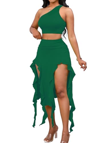Image of BARASA Women Summer 2 Piece Skirt Sets Comfy Ruffle Trim Irregular Split Sexy Y2k Club Party Tops Jellyfish Skirt Suits S69