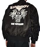 Men’s Black Satin Bomber Jacket – XO Inspired Jeff Hamilton Style – Star Graphic Design – Boy Streetwear Fashion – The Weekend Concert Varsity Coat (M)