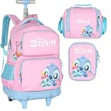 Mochila Infantil Rodinhas Stitch com Lancheira e Estojo 100 Pens Rosa