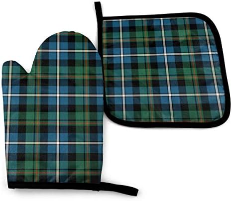 XNLHQH IJ Clan Macrae Green and Blue Scottish Hunting Tartan 2PCS Heat Resistant Oven Mitts and Pot Holders Sets,for Safe BBQ Cooking Baking Grilling