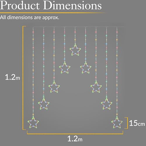 CHRISTOW Christmas Curtain Lights for Windows, 9 Star String Light Decoration, 325 Multi Coloured Micro LEDs, Indoor Outdoor Home Garden Xmas Lighting, Mains Powered with 5m Cable (H1.2m x W1.2m) - Image 6