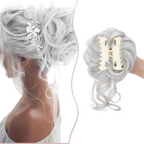 Claw Messy Bun Hairpieces Wavy Curly 75G Thick Hair Chignon Tousled Updo Doughnut Hair Bun Synthetic Ponytail, Silver Grey