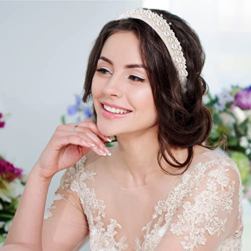 Lusofie Pearl Headbands Faux Pearl Hairbands White Bridal Beaded Hair Hoop Wedding Hair Styling Accessories for Women Girls - Image 4