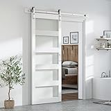 SmartStandard 36 x 84 inch Glass Barn Door with 6.6FT Brushed Nickel Sliding Hardware Kit & Handle, Pre-Drilled Ready to Assemble, Waterproof PVC Coating, White, 5-Panel Glass