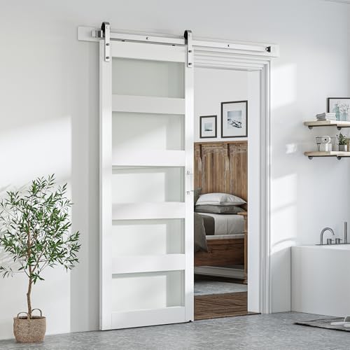 SmartStandard 36 x 84 inch Glass Barn Door with 6.6FT Brushed Nickel Sliding Hardware Kit & Handle, Pre-Drilled Ready to Assemble, Waterproof PVC Coating, White, 5-Panel Glass by SMARTSTANDARD - Used condition - US$177.45