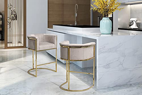 Iconic Home Finley Counter Stool Chair Velvet Upholstered Rolled Shelter Arm Design Half-Moon Goldtone Solid Metal U-Shaped Base Modern Contemporary, Taupe #TOP5