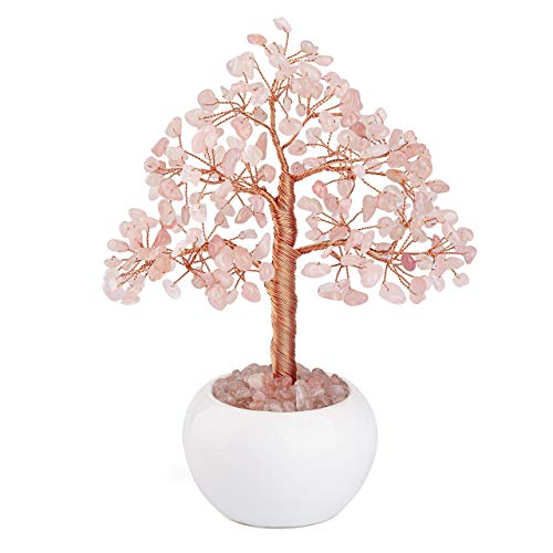 Top Plaza Rose Quartz Reiki Healing Crystals Money Tree Gemstone Stone Tree Feng Shui Good Luck Wealth Figurine Decor for Home Office Living Room Decoration 7.5 Inches
