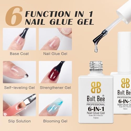 Image of Bolt Bee 6in1 Glue 15ml - Base Coat, Nail Glue, Strengthener, Self-Leveling Gel, Slip Solution & Blooming Gel - Soak off UV /LED Multi-Functional Nail Polish for Nail Art & Extensions