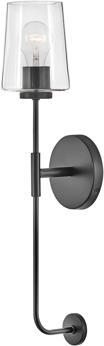 Lark Kline 83450BK Single Tall Wall Sconce, Elongated, Minimalistic Frame, Tapered Clear Glass Shade, Black