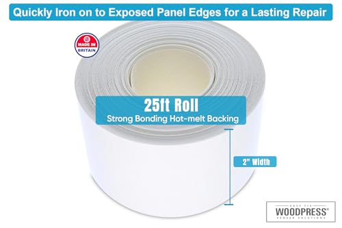 Image of WoodPress 2 inch Matt White Melamine Edge Banding, Pre-Glued Veneer Tape - 25 ft Roll - Iron-On for Easy DIY Application - Will Cover The Edge of a Standard 8' x 4' MDF Panel