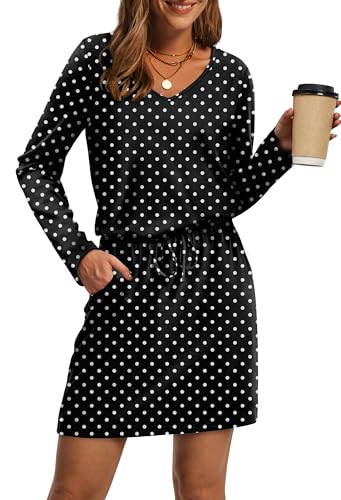 OFEEFAN Fall Dresses for Women 2025 Loose V Neck Long Sleeve T Shirts Casual Sundresses Tie Front A-Line Dresses
