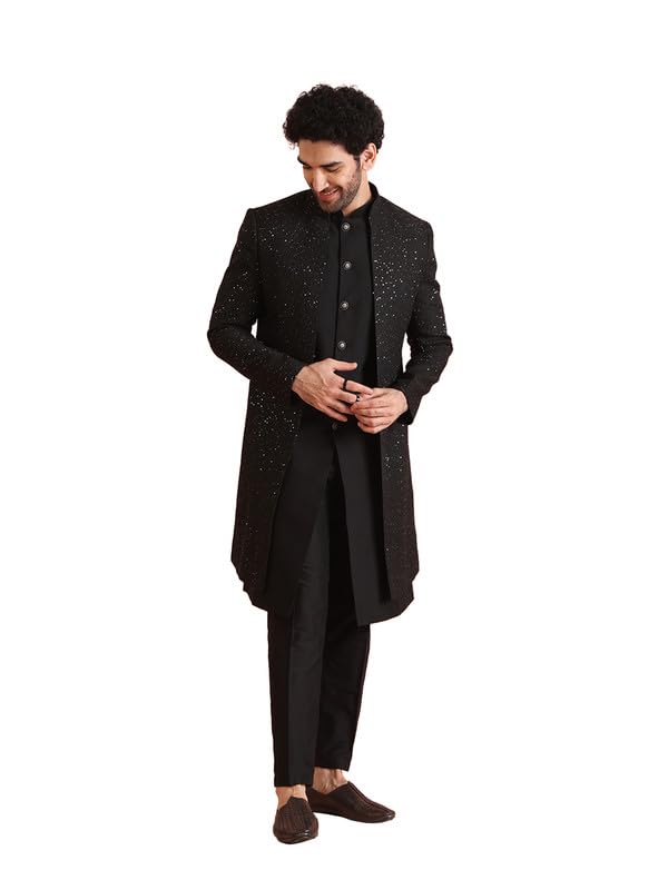 Kisah Mens Jacket Sherwani Trouser Set|Blended Fabric Embellished Pattern Indo-Western Set For Men|Regular Fit Mandarin Collar Long Sleeves, Black, 44