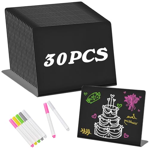 Kezidhp 30 Mini Pizarras Negras para Precios - Tablero Tiza Acrílica + 6 Rotuladores - Carteles Mesa Restaurante, Buffet, Tiendas, Bodas - Plastico Resistente
