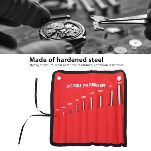 Yuecoom 9pcs Roll Pin Punch Set, Hardened Steel Removing Pin Punch Tool with Red Storage Pouch Pin Punch Repair Tool For Watch Repair Jewelry Craft