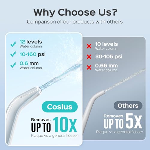 COSLUS E1 Professional Water Flosser for Teeth: 12 Pressure Settings Electric Dental Pick for Tooth Cleaning, Sensitive Gums, Braces, Oral Care - Home Use, 4 Jet Tips for Multiple Users, Family