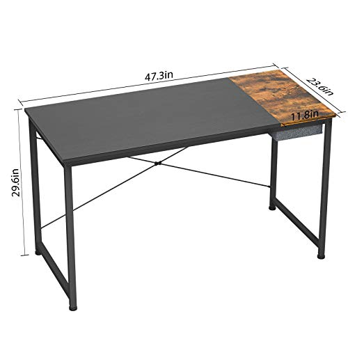 Foxemart Computer Desk, 47 Inch Study Writing Desk For Home Office Workstation, Modern Simple Style Laptop Table With Storage Bag/Drawer, Black And Rustic Brown #TOP5