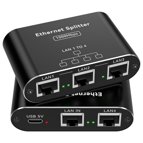 PVBCTCSID LAN Splitter 1 Auf 4 1000Mbps Gigabit Ethernet Splitter 1 In 4 Out Ethernet Switch 4 Port RJ45 Netzwerk LAN Kabel Verteiler für Computer, Laptop, Switch, Hub, Router, Digital TV, Et