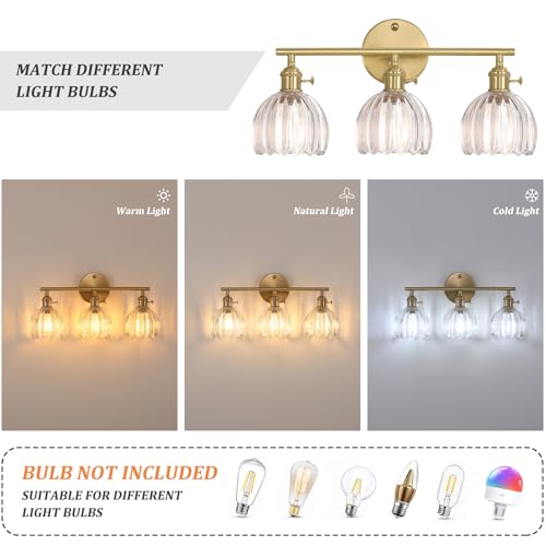 Shenmoyl Vintage Wall Sconce Indoor, Bathroom Light Fixtures Over Mirror, 3-Light Brass Gold Vanity Wall Lights with Clear Tulip Glass Shade for Bedroom Living Room (Bulb Not Included) by Shenmoyl - Image 4