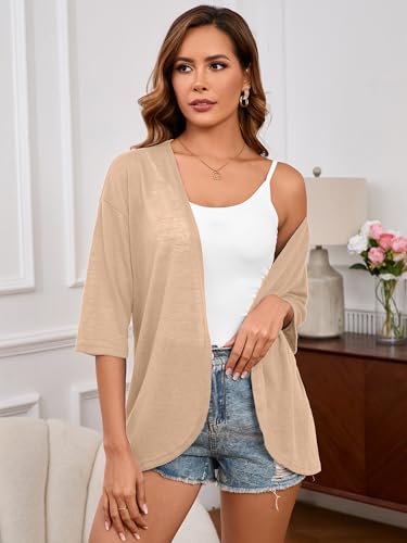 Image of Heymoments Cardigan for Women Khaki Large Draped 3 /4 Sleeve Open Front Lightweight Casual Soft Drape Summer Fall Kimonos Cardigans