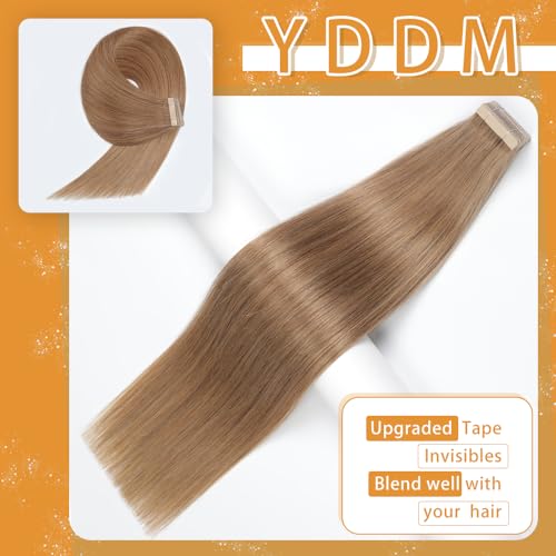 Image of YDDM 20 Inch Tape in Hair Extensions Human Hair Light Brown, 20pcs 100% Remy Human Hair Straight Seamless Invisible Tape in Hair Extensions(30#, 20 Inch)