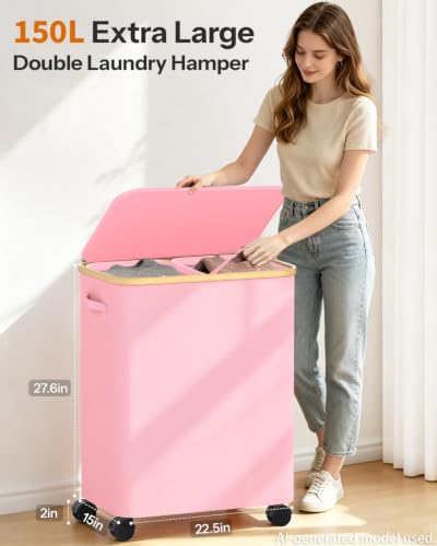 Image of Double Laundry Basket with Wheels and Lid, 150L Clothes Hampers for Laundry | Large Laundry Hamper with 2 Sections & Removable Liner Bags, Rolling Dirty Clothes Basket for Bedroom Bathroom Dorm College