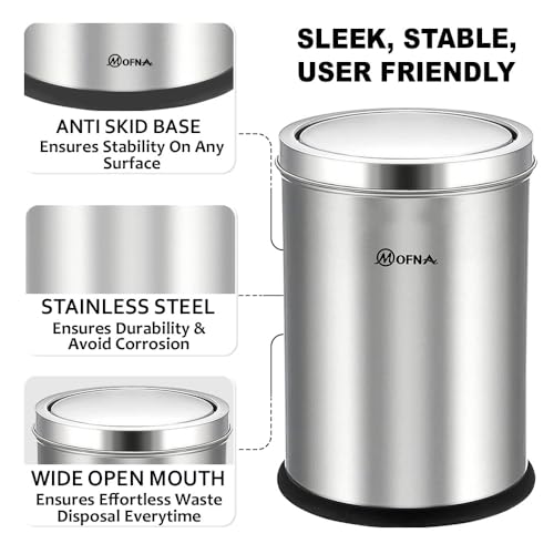 Image of mofna Stainless Steel Swing lid dustbin, Garbage Bin, Trash Can, with removable lid For Home, Kitchen, Bathroom, Office & Commercial Use - 8x12 In -10 Liter, Silver, Pack of 1