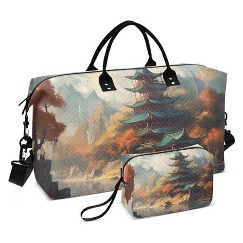 Large Travel Duffel Bag, Chinese Style Building Sports Tote Gym Bag, Shoulder Weekender Overnight Bag for Women Men, Carry On Luggage with Toiletry Bags