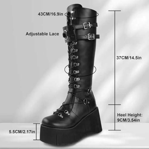Image of Gothniero High Platform Knee Boots Chunky Heel Wedge Black Boots For Women Combat Goth Punk Motorcycle Booties Zip up With Metal Buckles Size5-11