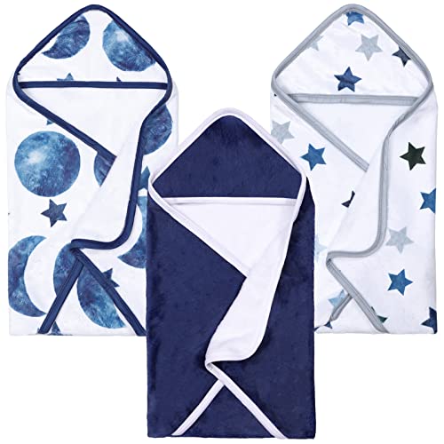 Image of Buryeah 3 Pack Flannel Baby Blue Moon Hooded Toddler Towel Dark Blue Star Baby Hooded Towels Space Baby Absorbent Hooded Beach Towel for Newborns Baby Boys Girls Essentials