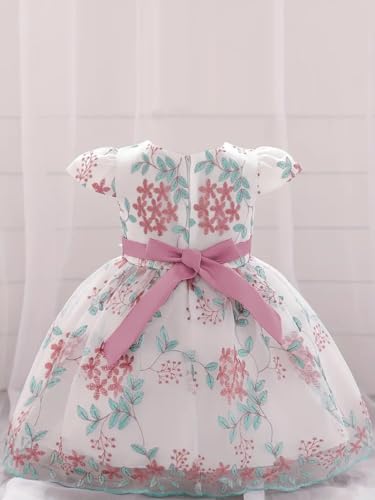 Image of Tagas Girls' Knee-Length Dress|Elegant Floral Embroidered Baby Girl Party Dress with Bow|Soft Net Layered Frock for Birthday, Wedding & Festive Occasions|Comfortable & Stylish