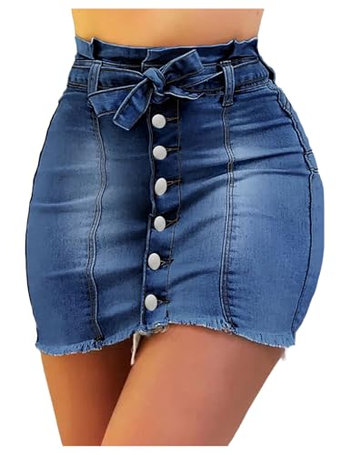 SOLY HUX Women's Button Down Bodycon Denim Skirt Tie Front Bow High Waisted Mini Jean Skirts