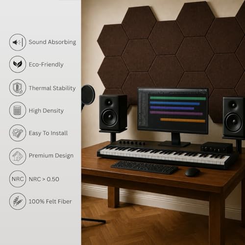 Image of MMT Acoustix HexaFelt Bevelled Acoustic Panels, Luxury Sound Absorbing Felt Wall Panels for Home, Office & Studios | VOC Free, 30x30 cm | Pack of 7 | Coorg Colour