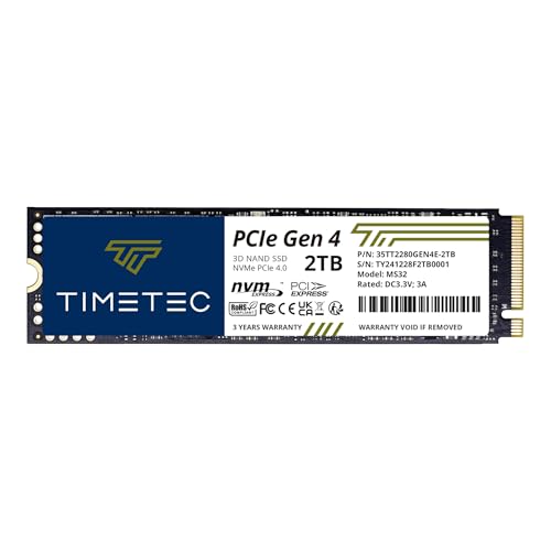 Timetec 2TB PCIe 4.0 SSD NVMe PCIe Gen4x4 M.2 2280 3D NAND TLC 1000TBW SLCLbV ǂݎ/ݑx ő5,000/4,500MB/b \bhXe[ghCu PS5