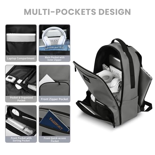 Laptop Backpack for Men, Mens Work Backpack, Bookbag for Men Women, Book Bag for School Teens, Travel Laptop Backpack Fits 15.6 Inch Notebook, Water Resistant Backpack with Luggage Strap (Grey) - Image 4