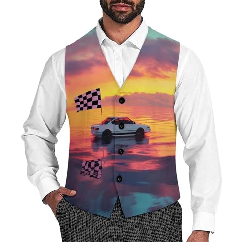 Car Racing in Sunset Suit Vest for Men Slim Fit Sleeveless Jacket V Neck Business Waistcoat Button Up Dressy Top