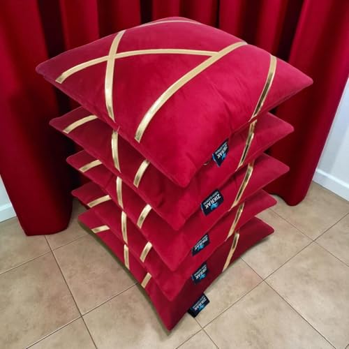 Image of Zikrak Besur Gold Stripe On Velvet|Pack of 5 Cushion Cover|for Home Decoration|Living Room Decor|Hotel Premeuim Quality Cushion Cover|Exclusive ON Amazon (Maroon, 22 X 22 INCH(55 X 55 CM))