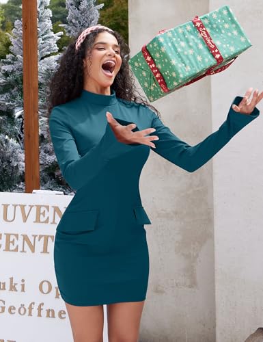 Image of YMDUCH Women's Long Sleeve Mock Neck Bodycon Mini Party Dress